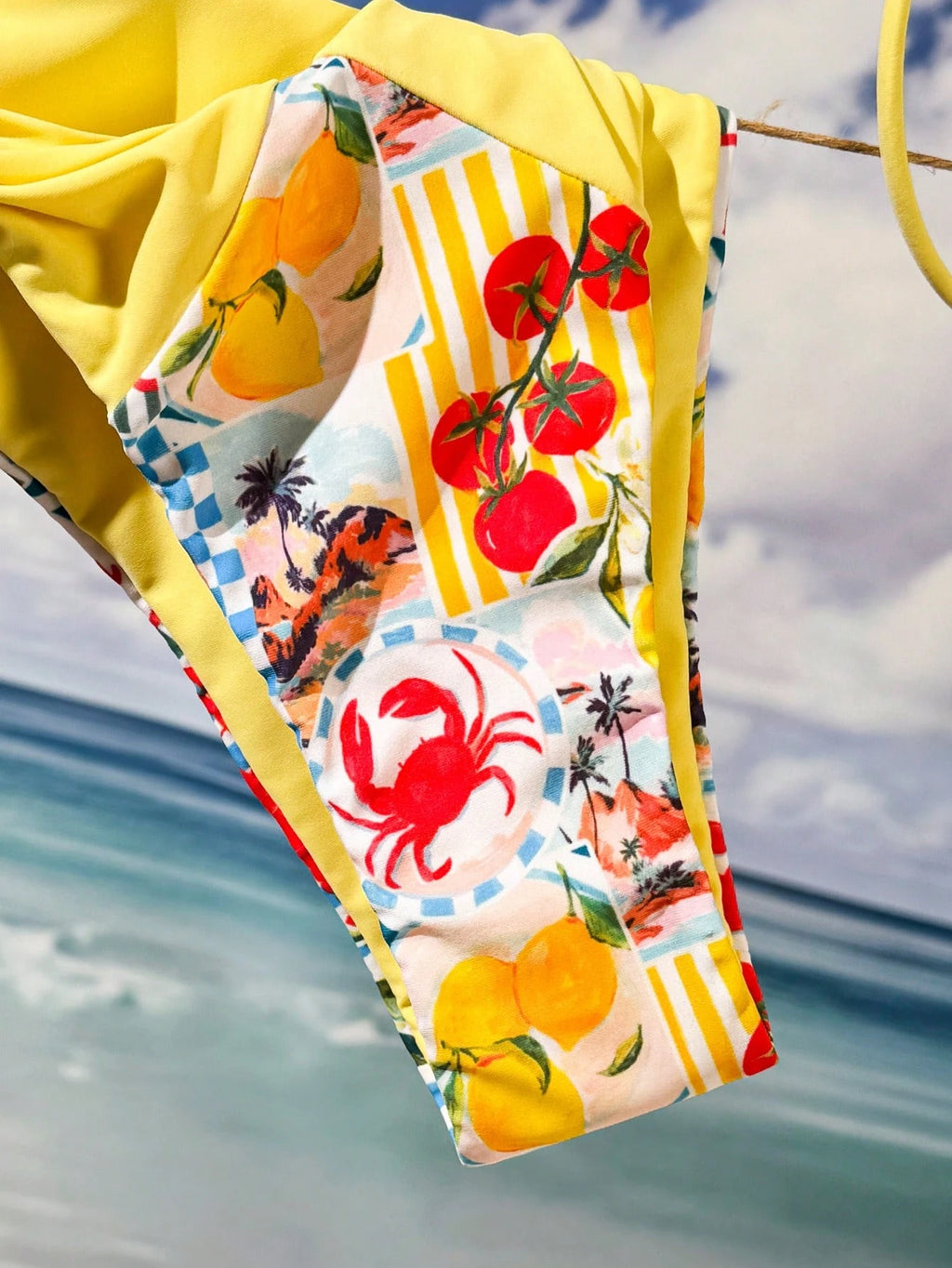 Bonvoyette 2pcs/Set Ocean Lemon Print Triangle Halter Ruffle Trim