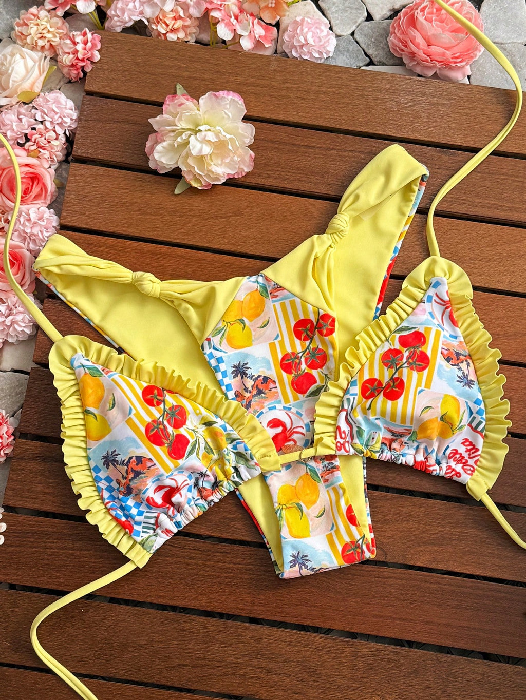 Bonvoyette 2pcs/Set Ocean Lemon Print Triangle Halter Ruffle Trim