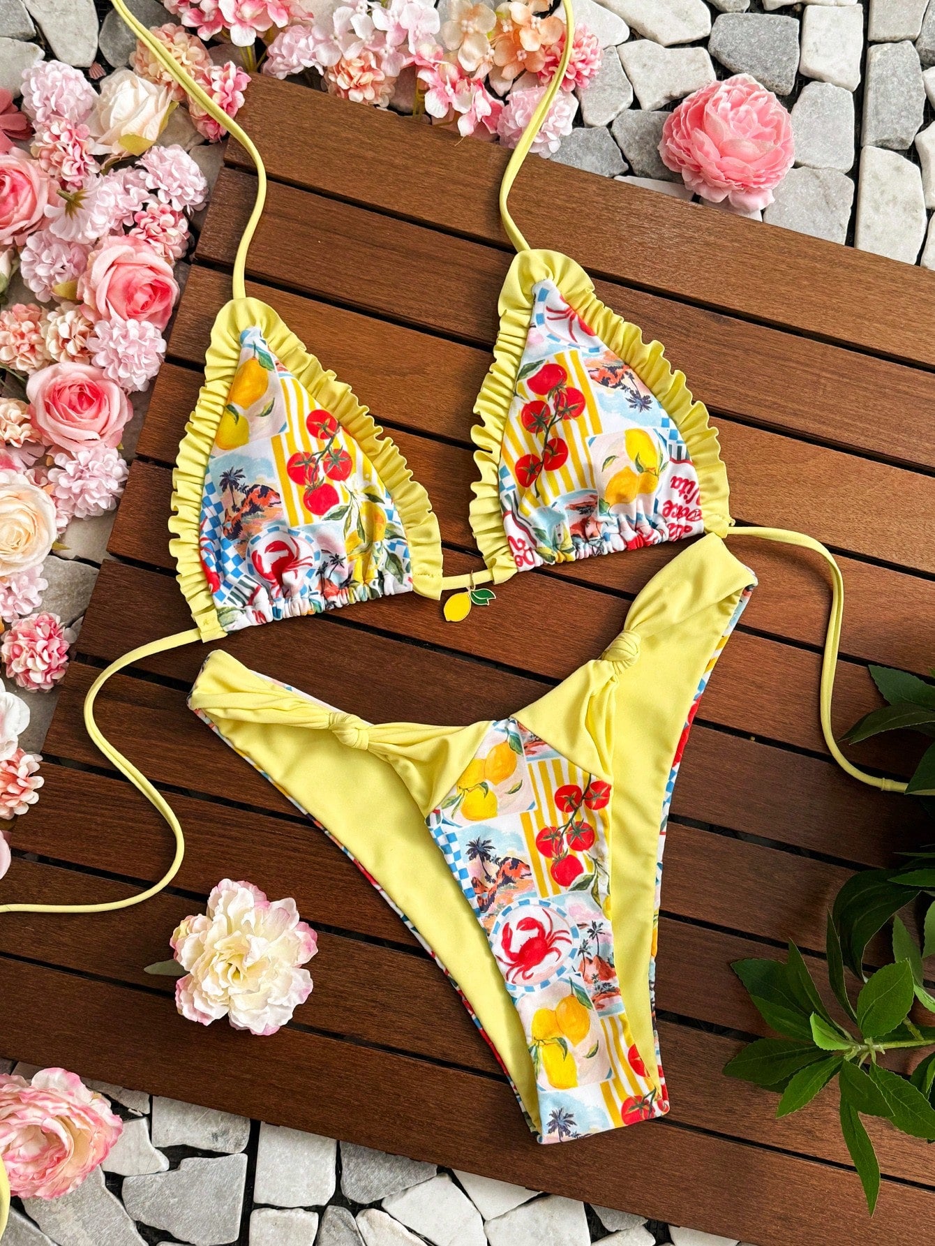 Bonvoyette 2pcs/Set Ocean Lemon Print Triangle Halter Ruffle Trim