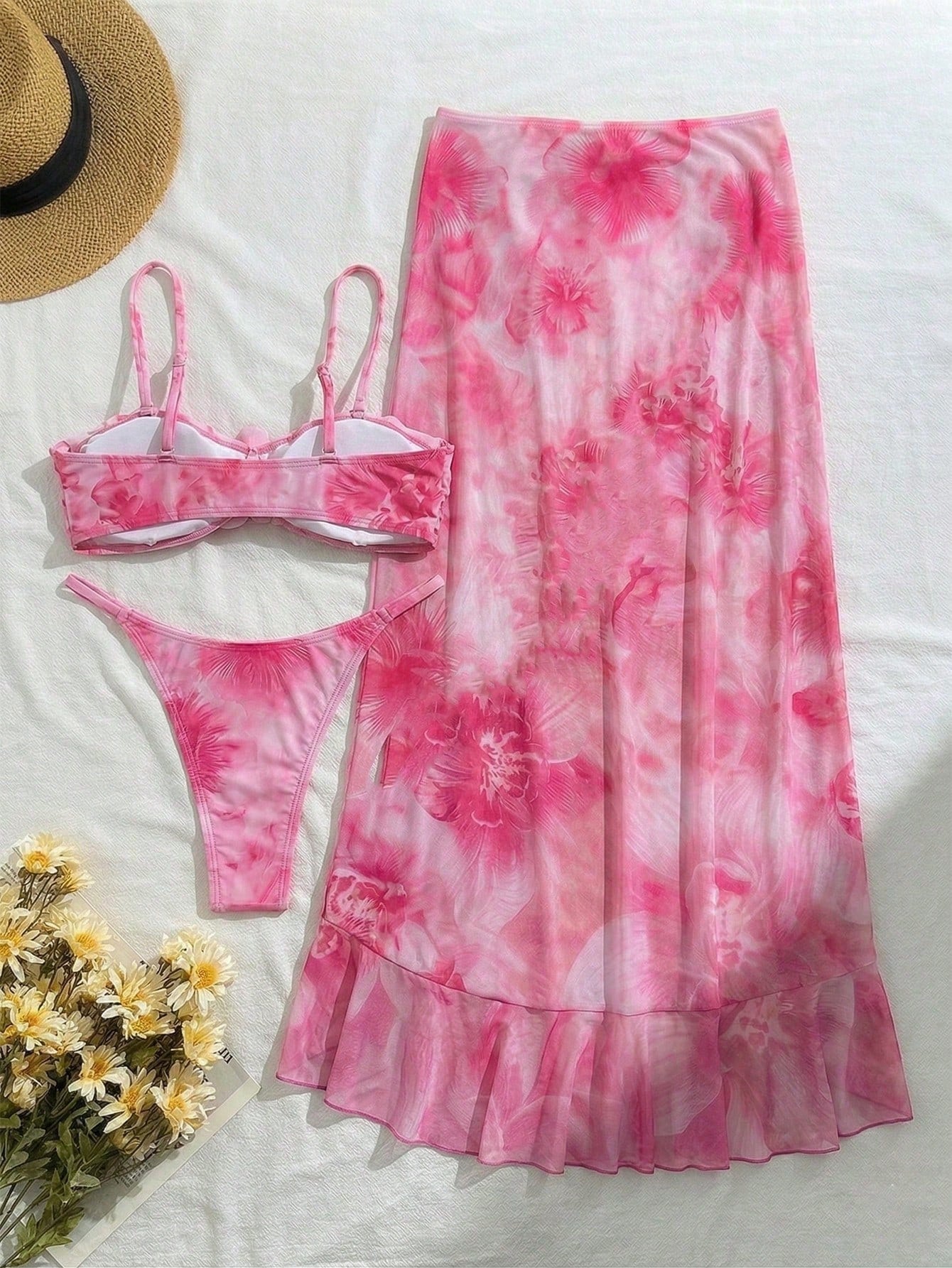 3pcs Women's Floral Print Elegant Sexy Backless 3D Flower Beach Dress