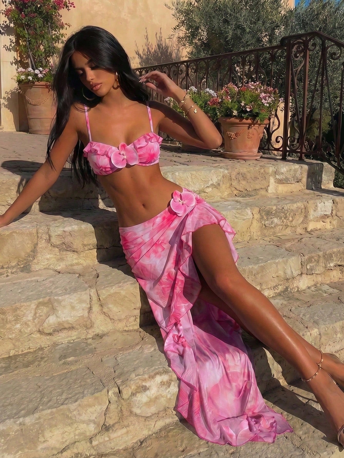 3pcs Women's Floral Print Elegant Sexy Backless 3D Flower Beach Dress