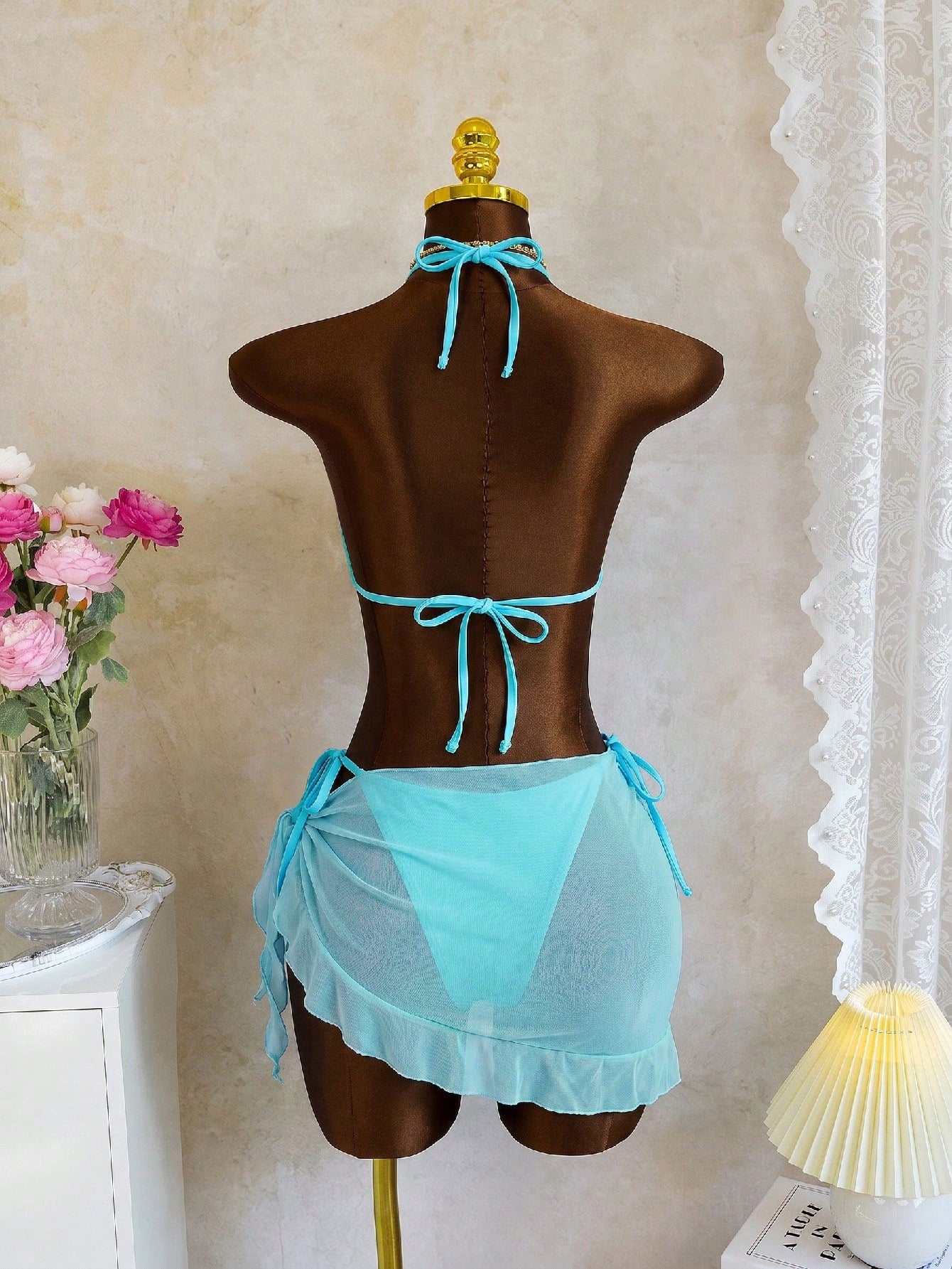 Swim SXY New Fashionable 3pcs/Set 3D Orchid Halter Bikini Top, Tie-Up Triangle B