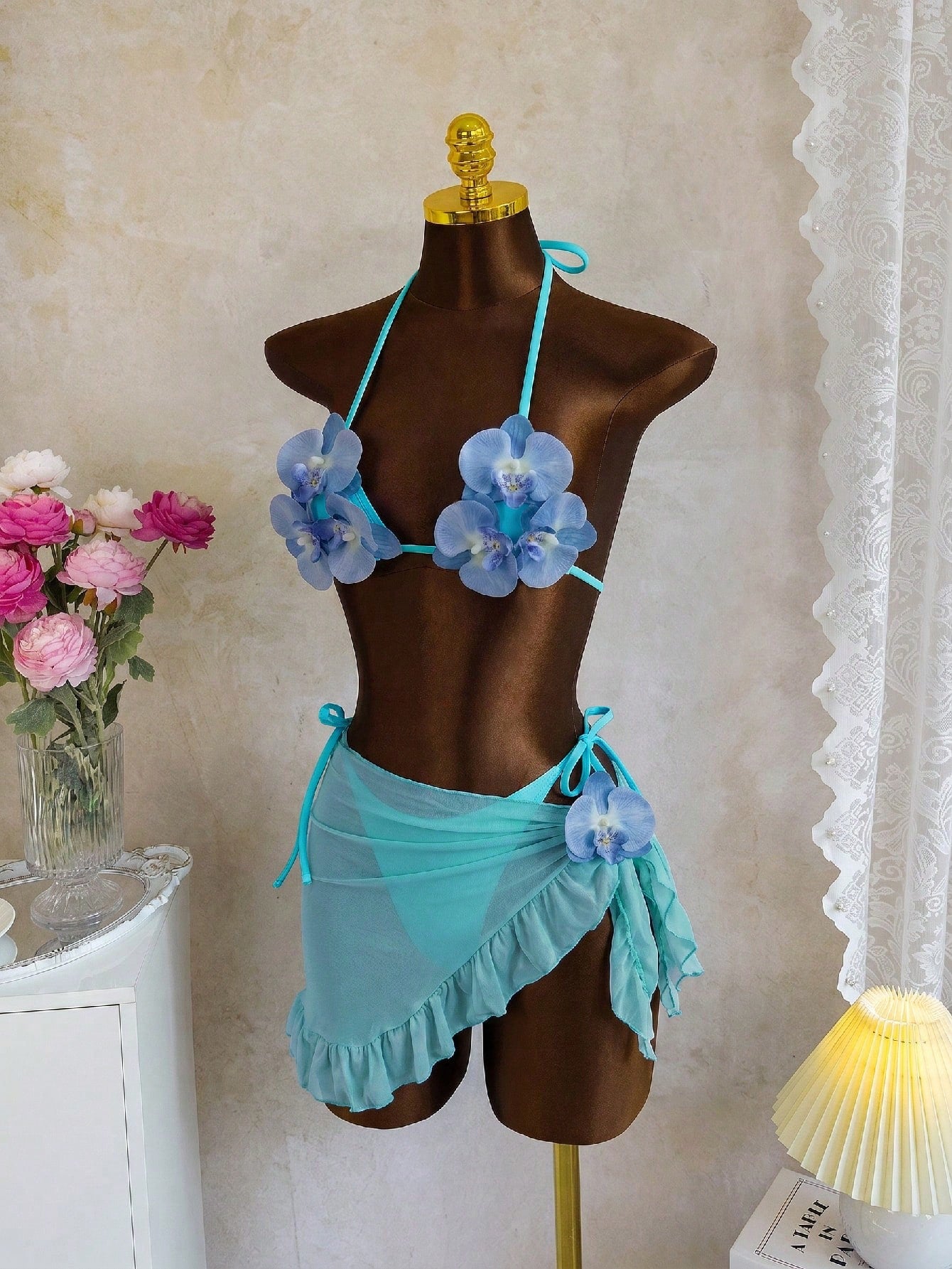 Swim SXY New Fashionable 3pcs/Set 3D Orchid Halter Bikini Top, Tie-Up Triangle B