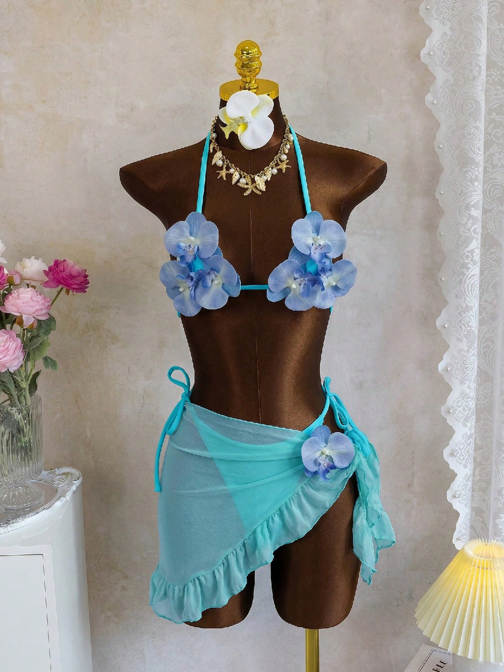 Swim SXY New Fashionable 3pcs/Set 3D Orchid Halter Bikini Top, Tie-Up Triangle B