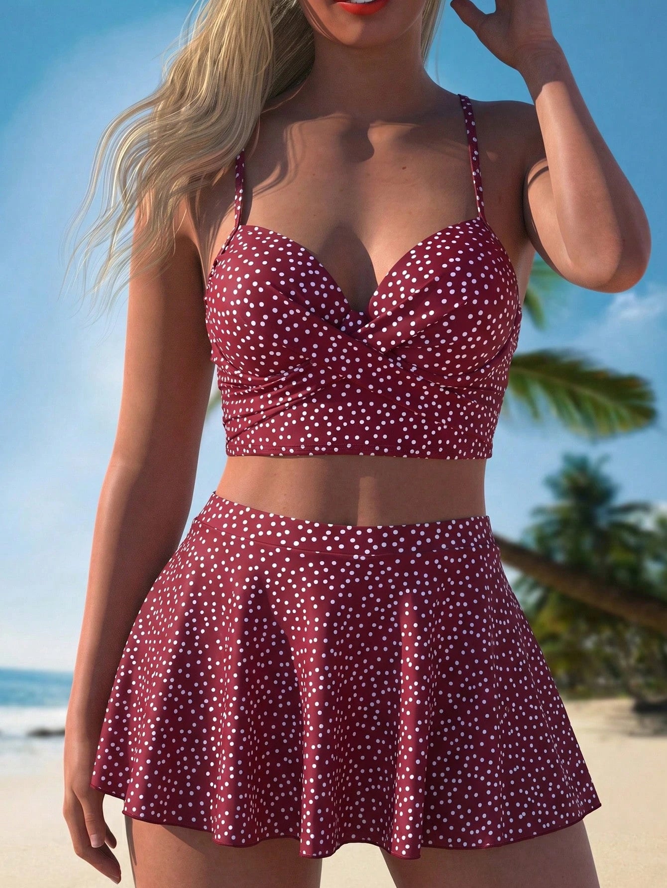 Swim Vcay Women's Summer Beach Polka Dot Ruched Spaghetti Strap Bikini And Mini Skirt Swimwear Set - image 9