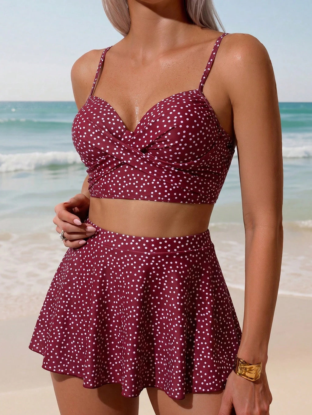 Swim Vcay Women's Summer Beach Polka Dot Ruched Spaghetti Strap