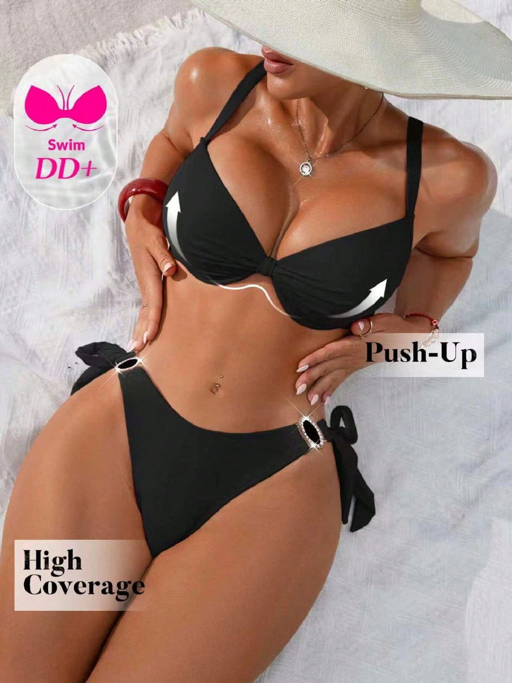 Swim DD+ DD+ Cup Push-Up Underwired Low Waist Bikini Set For Summer Beach Vacati