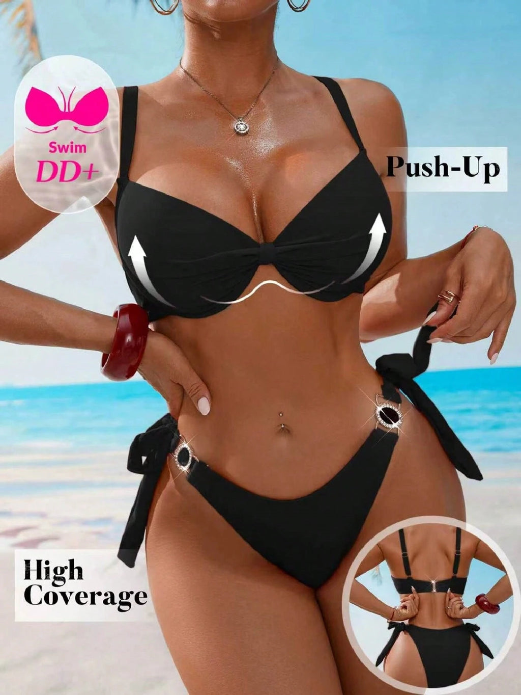 Swim DD+ DD+ Cup Push-Up Underwired Low Waist Bikini Set For Summer Beach Vacati