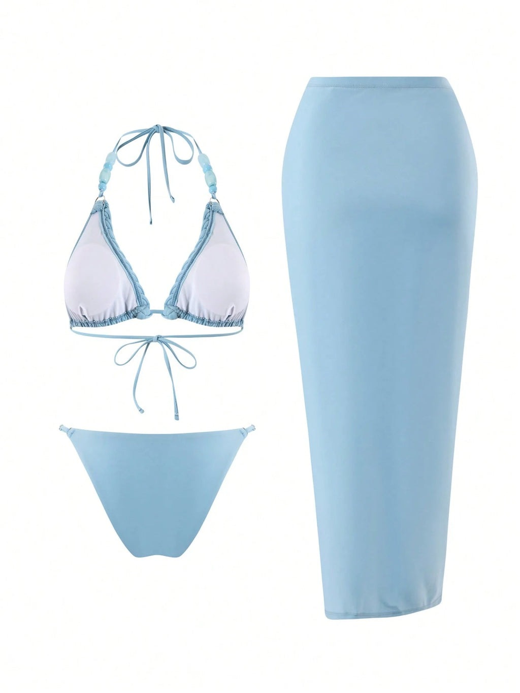 HaiiMeid Women's 3-Piece Blue Beaded Halter Neck Tie Bikini Set,