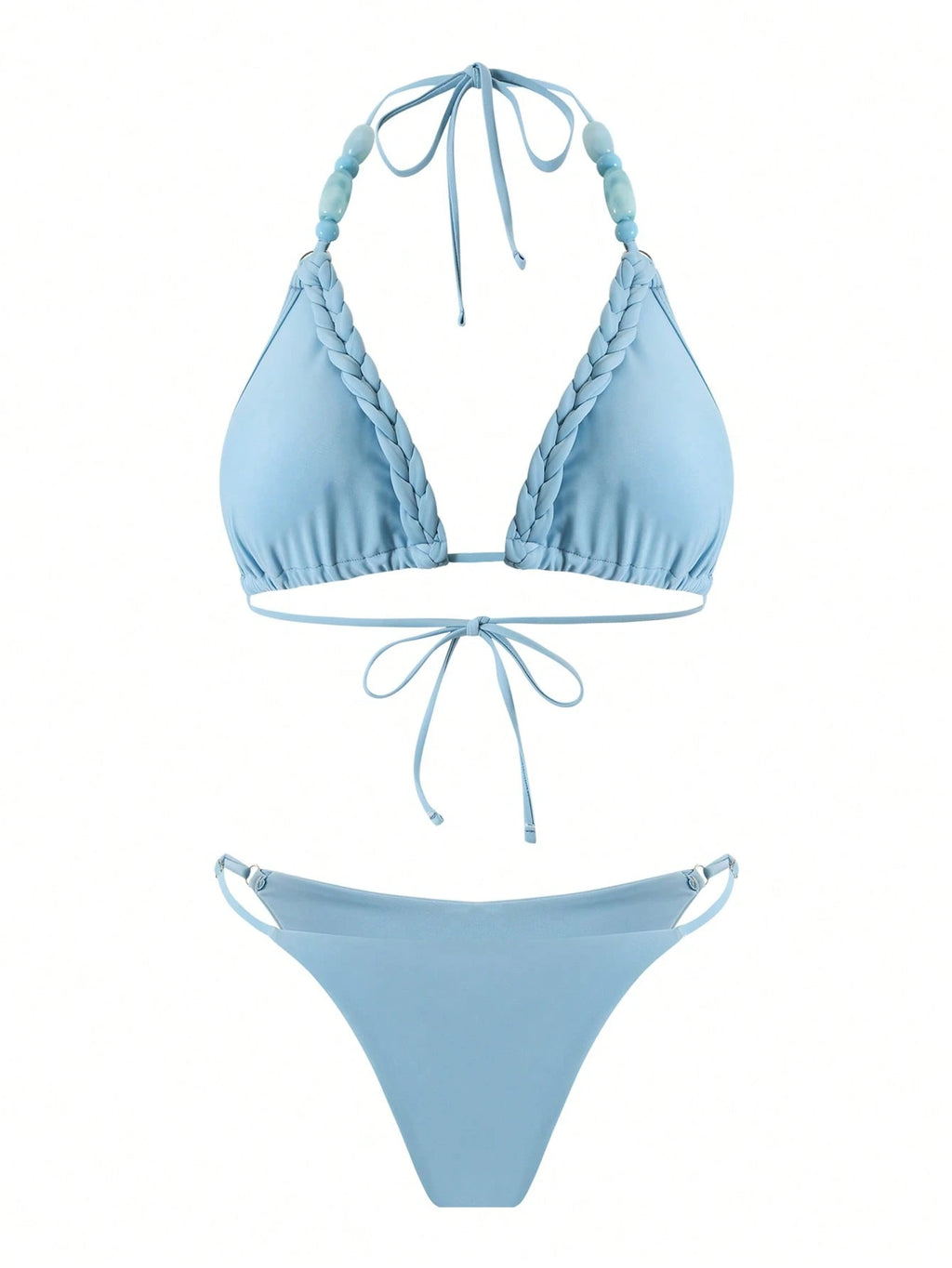 HaiiMeid Women's 3-Piece Blue Beaded Halter Neck Tie Bikini Set,