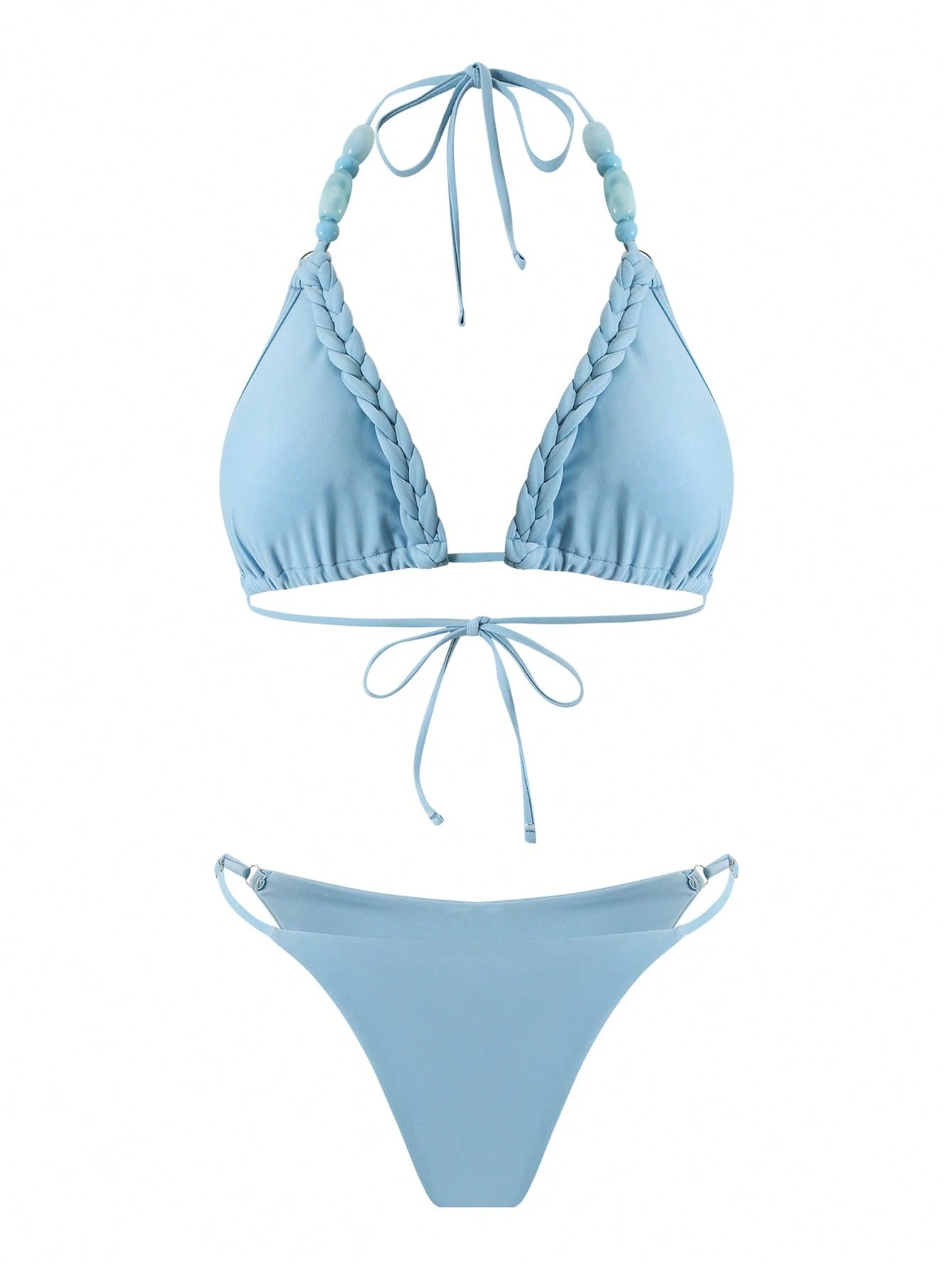 HaiiMeid Women's 3-Piece Blue Beaded Halter Neck Tie Bikini Set,