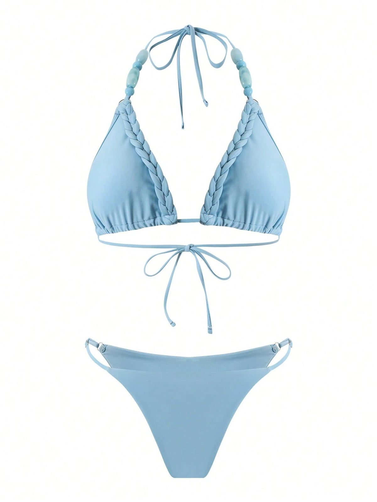 HaiiMeid Women's 3-Piece Blue Beaded Halter Neck Tie Bikini Set, Braided Design And Side Slit Skirt, Suitable - image 8