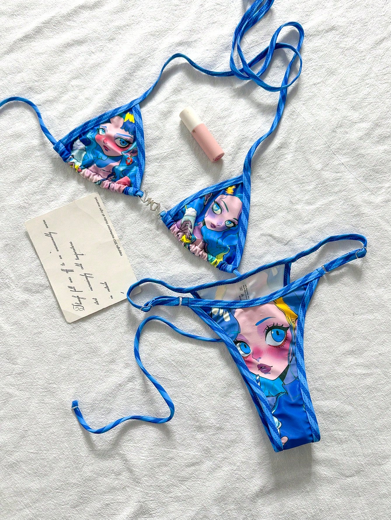Swim Vcay Women's Baby Blue Y2k Cartoon Print Halter Tie Bikini Set,Summer Beach Triangle Panty