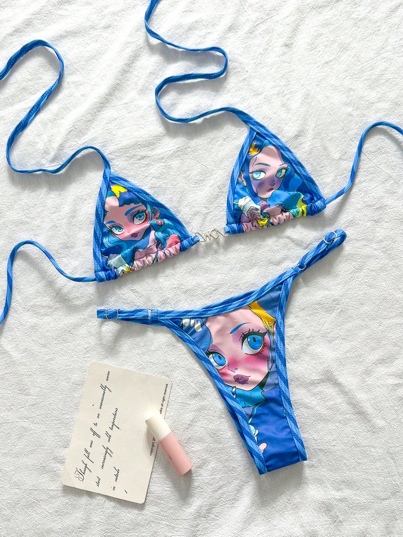 Swim Vcay Women's Baby Blue Y2k Cartoon Print Halter Tie Bikini
