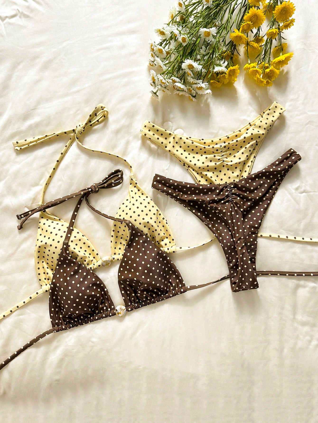 Elavelle 2026 Spring/Summer Brown Striped Beaded 4-Piece Swimwear
