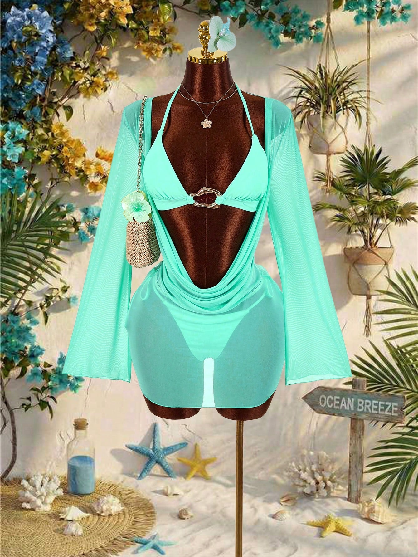 Amplova 3pcs Women's Sexy Halter Bikini Set - Top, Bottom, And Cover-Up