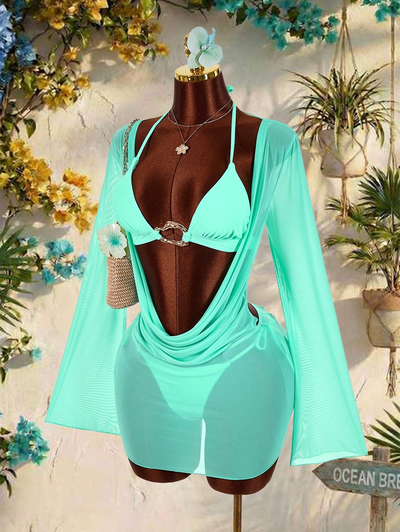 Amplova 3pcs Women's Sexy Halter Bikini Set - Top, Bottom, And Cover-Up