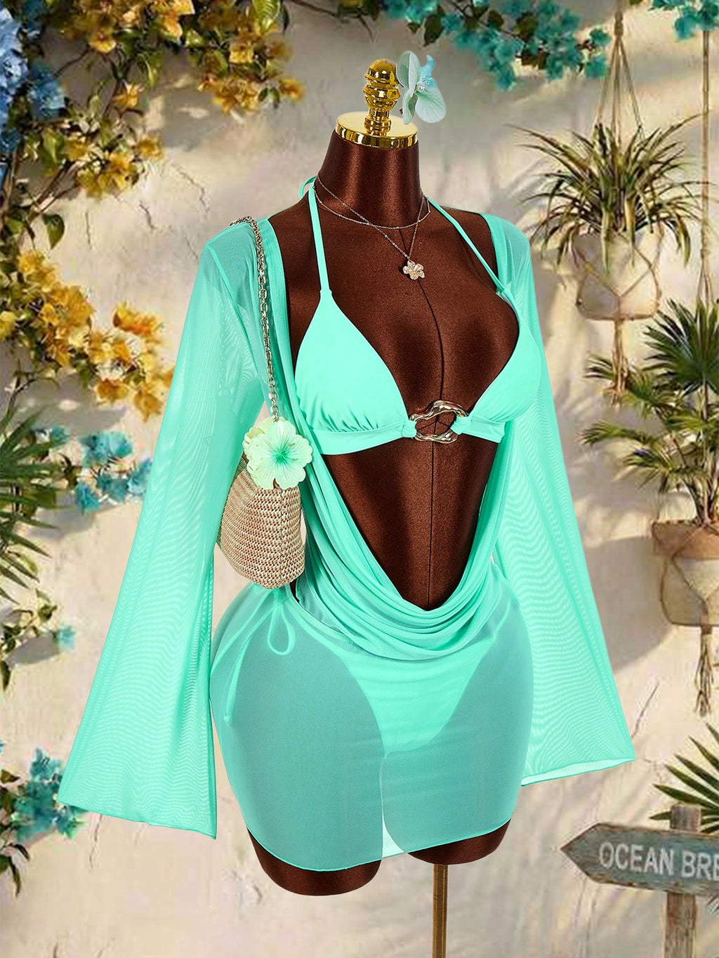 Amplova 3pcs Women's Sexy Halter Bikini Set - Top, Bottom, And Cover-Up
