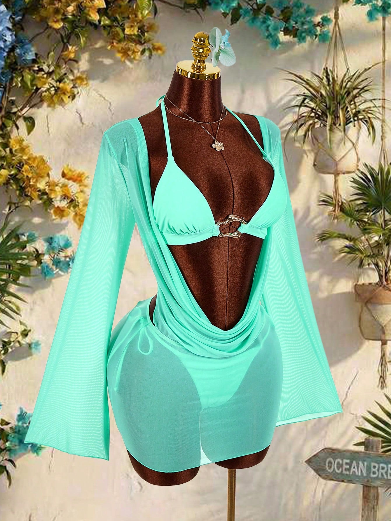 Amplova 3pcs Women's Sexy Halter Bikini Set - Top, Bottom, And Cover-Up