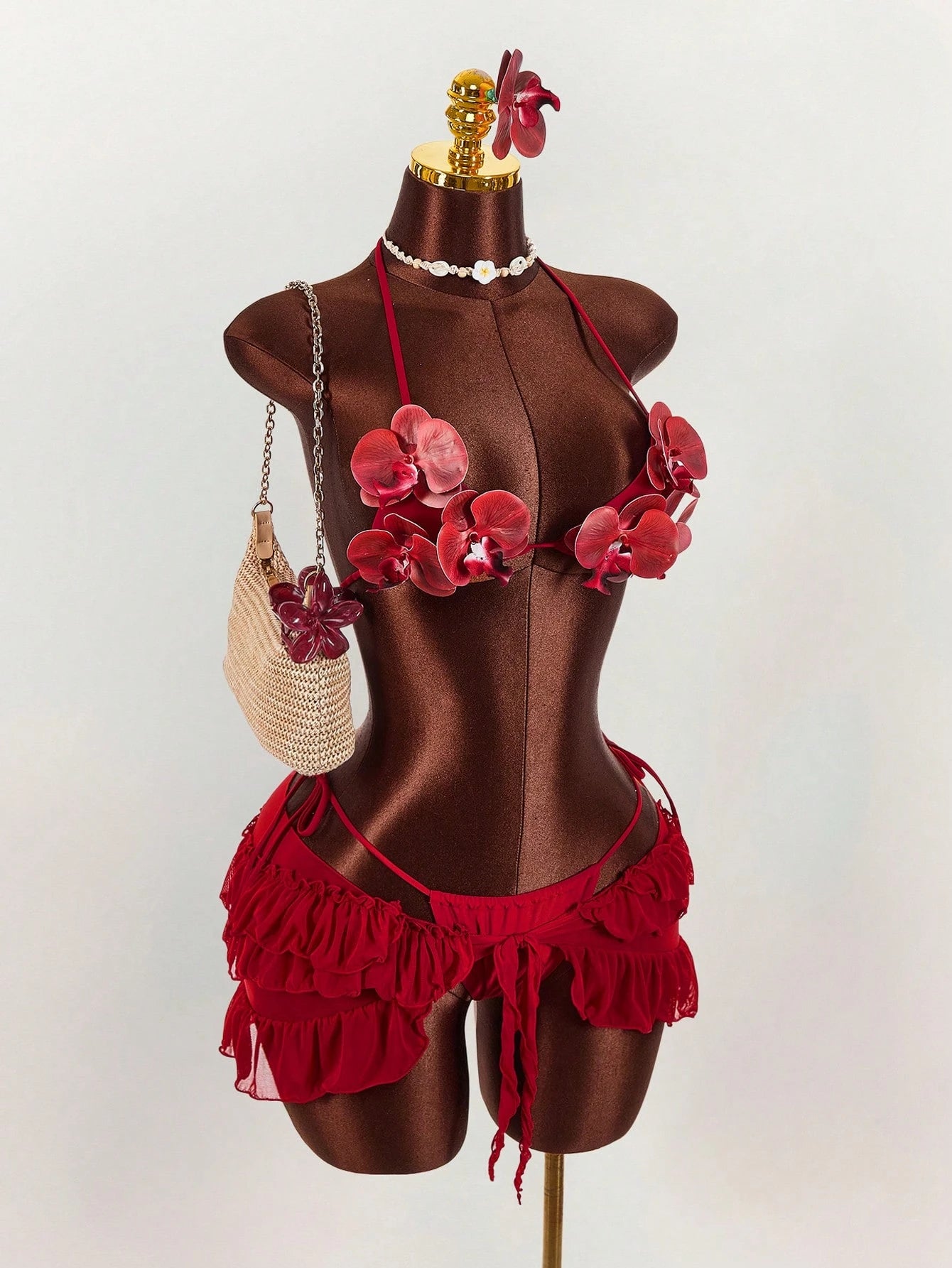 Amplova 3pcs Women's Swimwear Set With 3D Floral Cups, Butterfly Orchid Cups, So