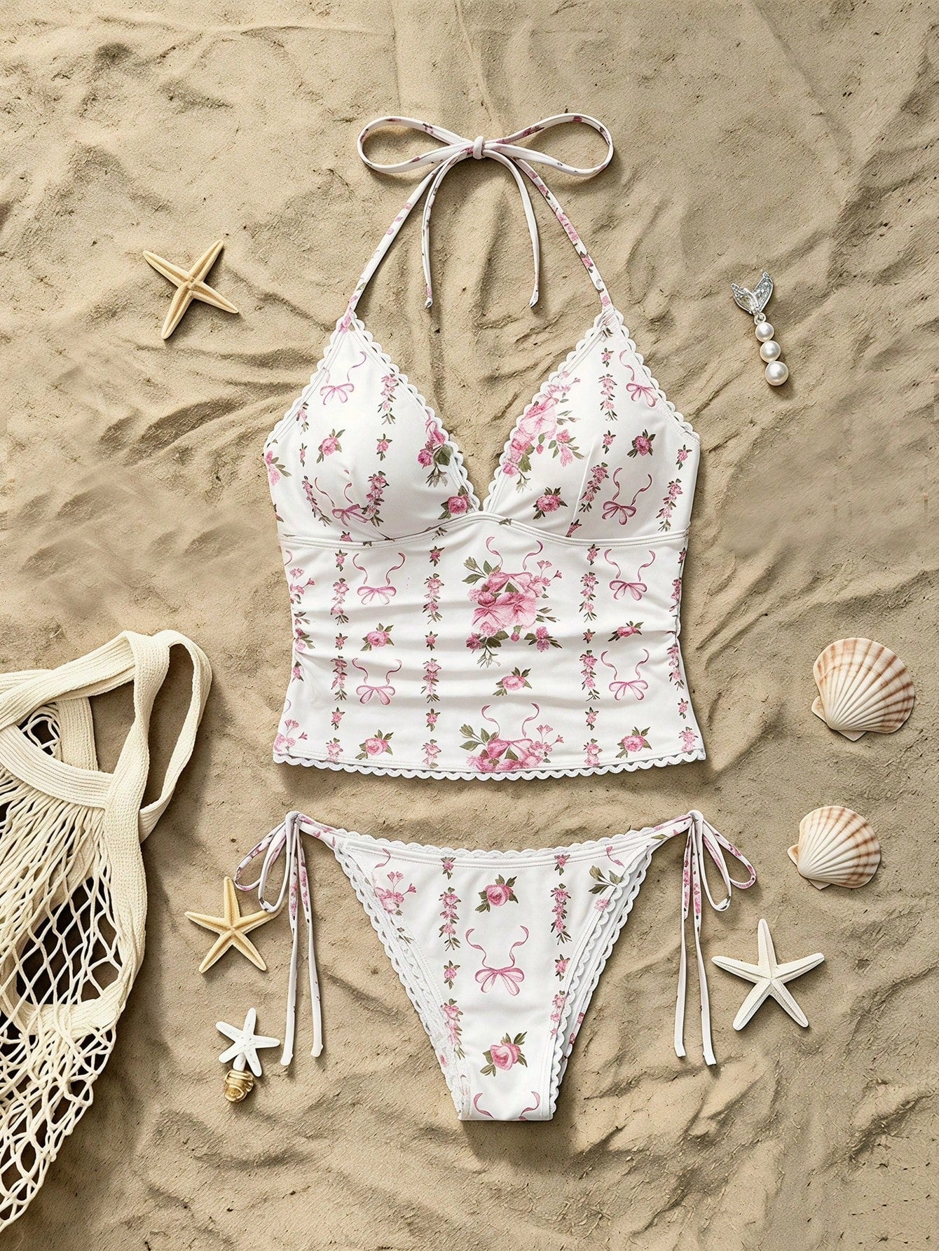 MOD Women's Summer Beach Floral Print Halter Tankini Swimwear Set
