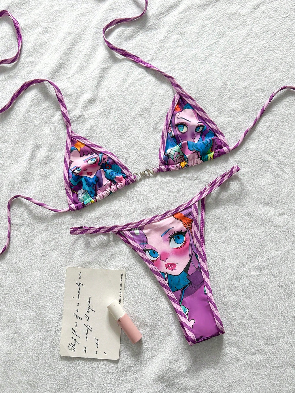 Swim Vcay Women's Baby Blue Y2k Cartoon Print Halter Tie Bikini