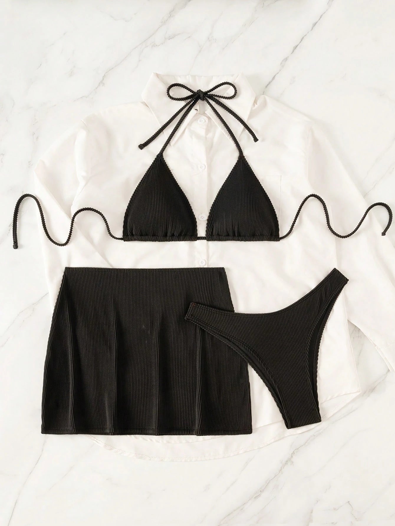 Swim SXY Summer Beach 3packs Halter Triangle High Cut Bikini & Beach Skirt