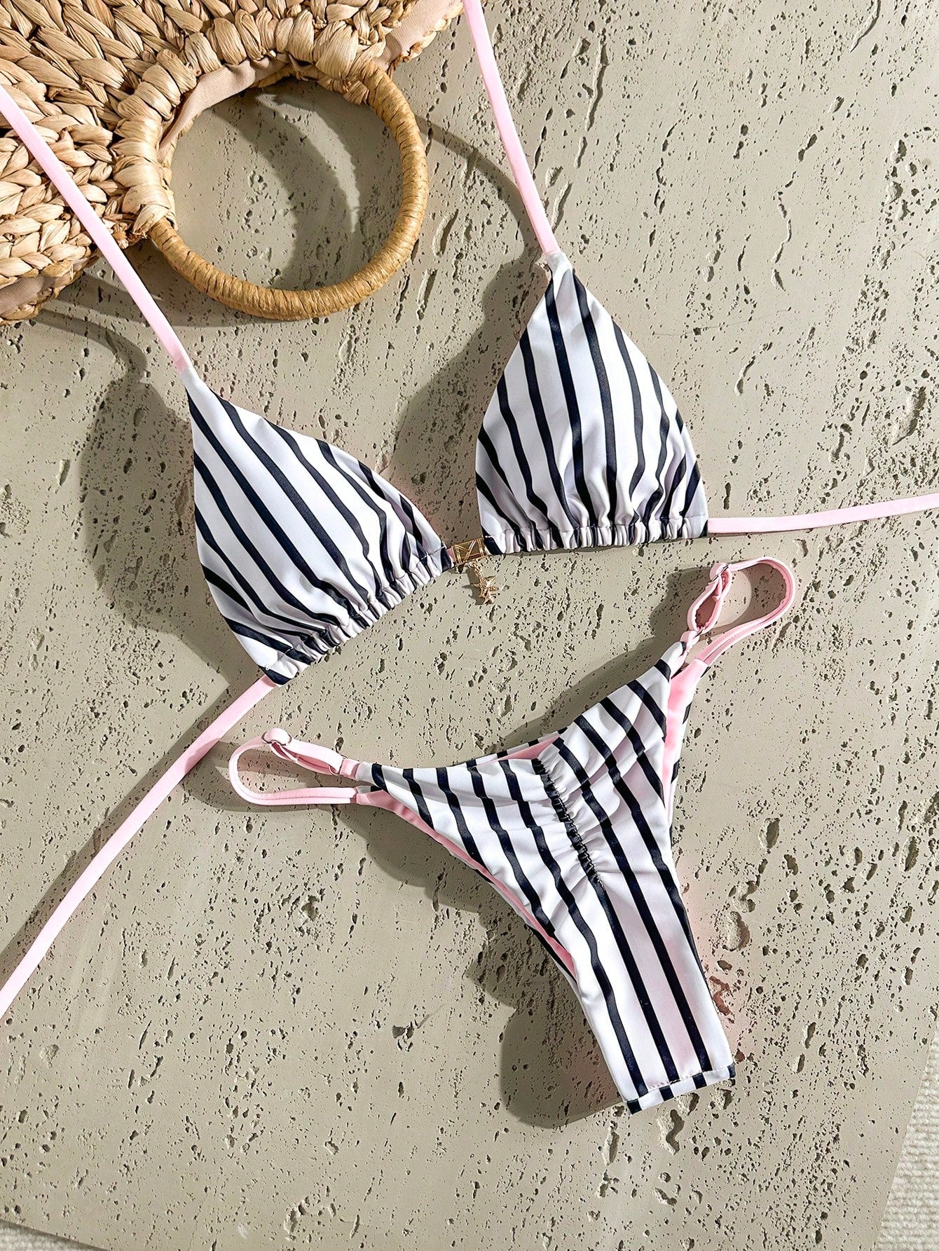 Swim Mod Multicolor Fabric Tropical Halter Bikini Set Knot Tie Side