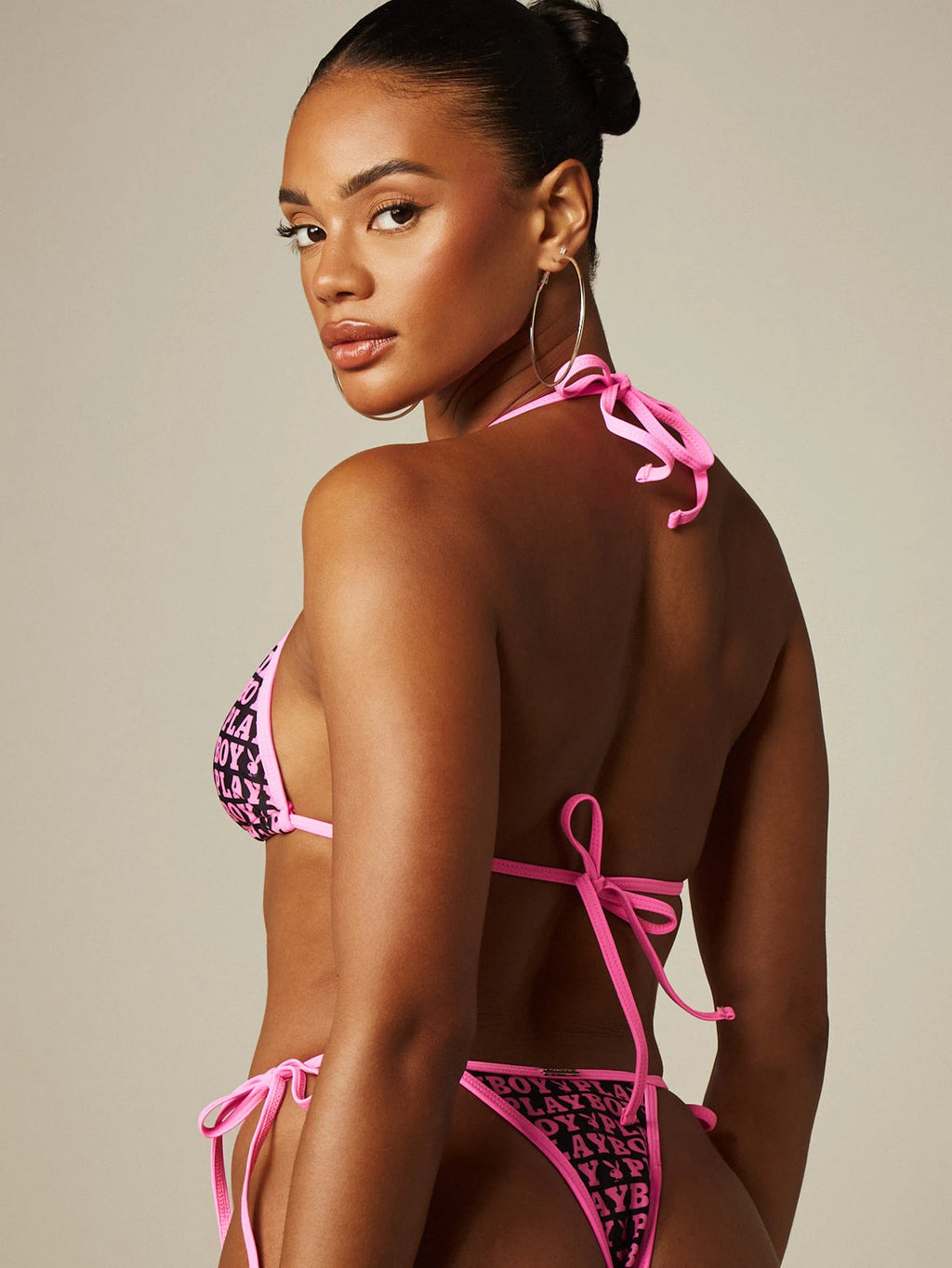 Missguided x Playboy Bunny Logo Striped Triangle Bikini Set With Tie Side Bottom