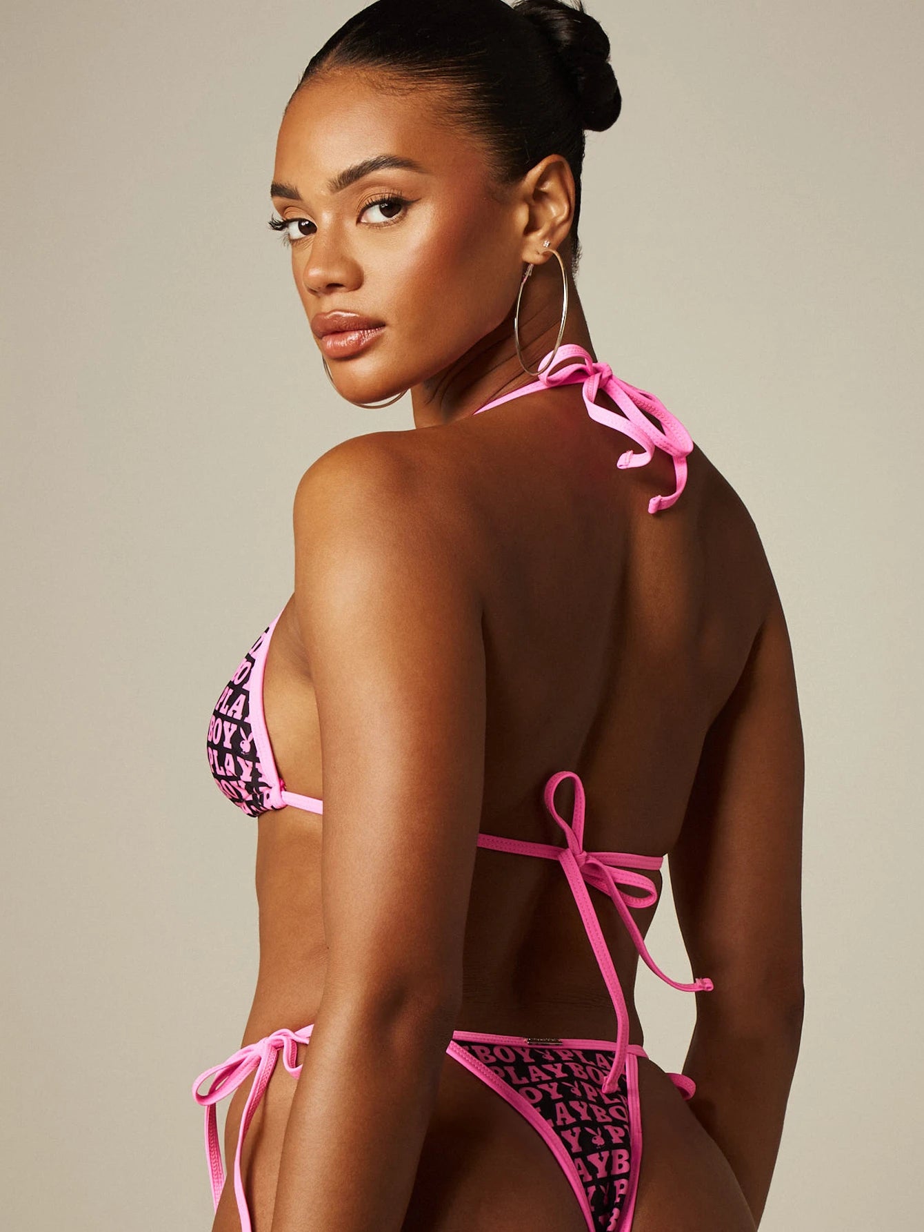 Missguided x Playboy Bunny Logo Striped Triangle Bikini Set With Tie Side Bottom