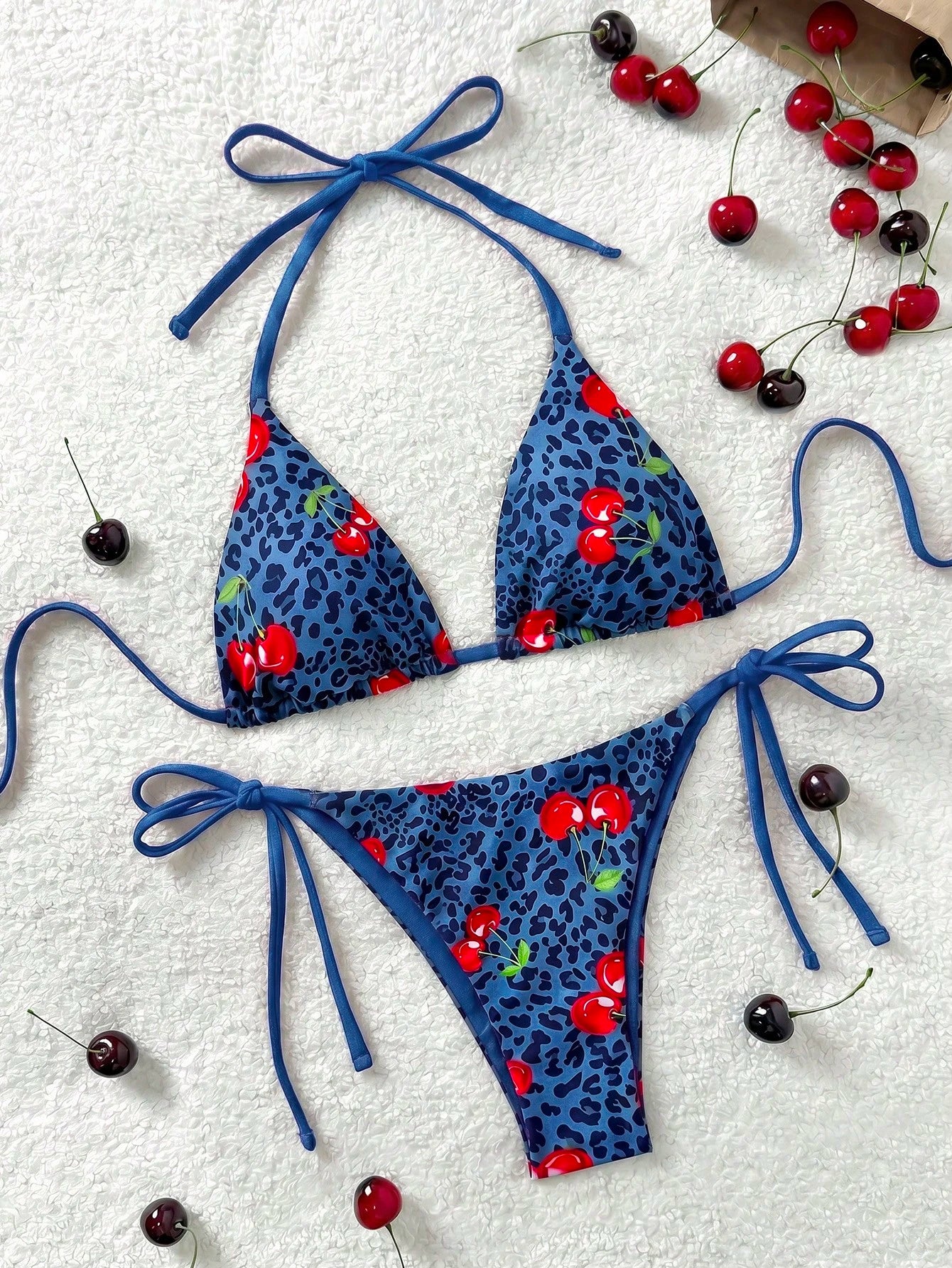 Soleia 2pcs/Set Women's Vacation Cow Print Contrasting Magenta Reversible Halter Tie Bikini, For Summer Beach