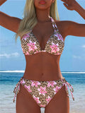 Women's Sexy Casual Halter Leopard Print Bikini Set With Pink Floral Accents Swi
