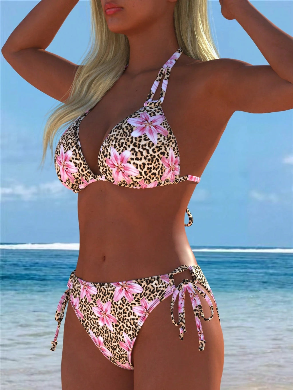 Women's Sexy Casual Halter Leopard Print Bikini Set With Pink Floral Accents Swi