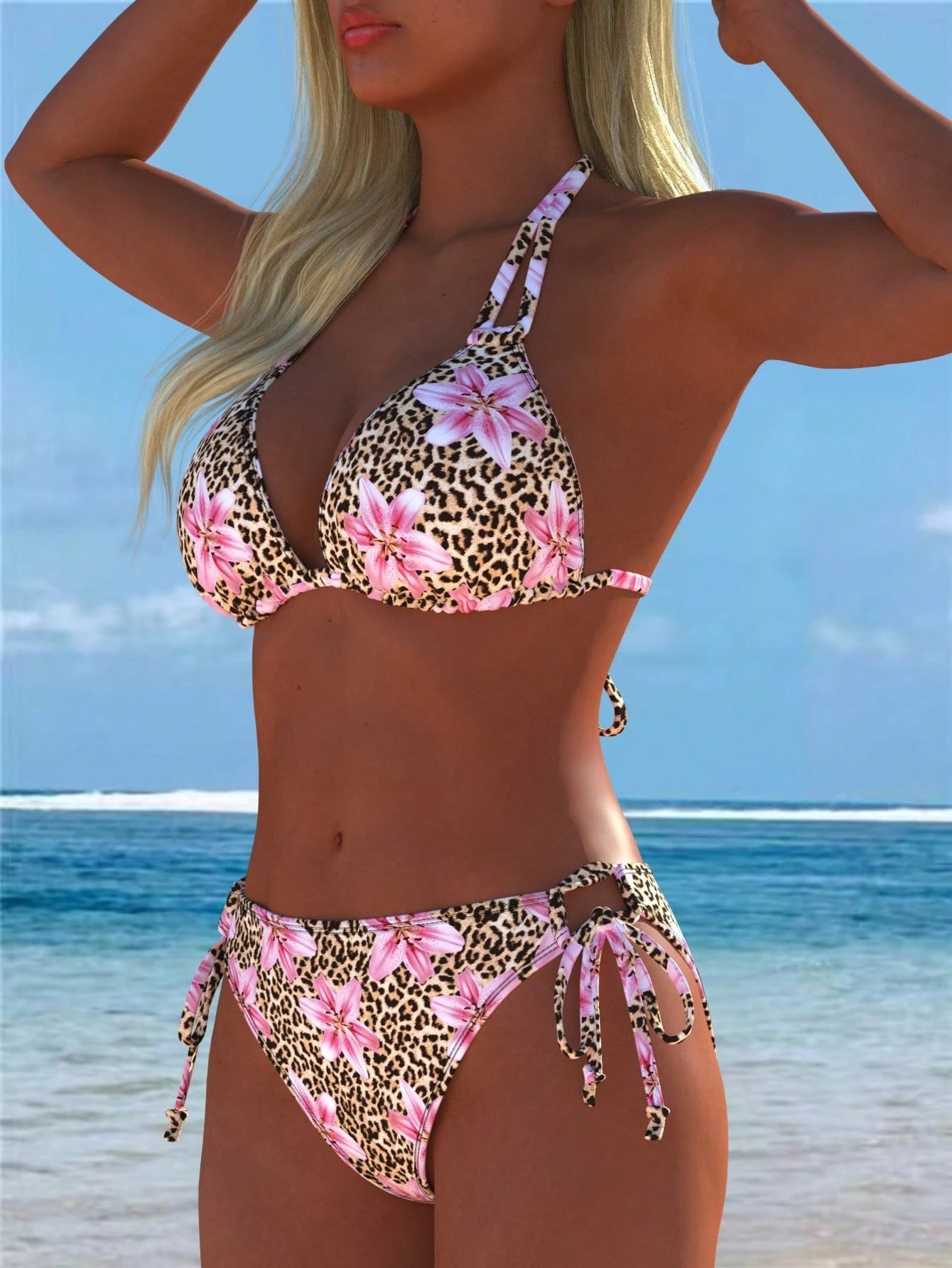 Women's Sexy Casual Halter Leopard Print Bikini Set With Pink Floral Accents Swi