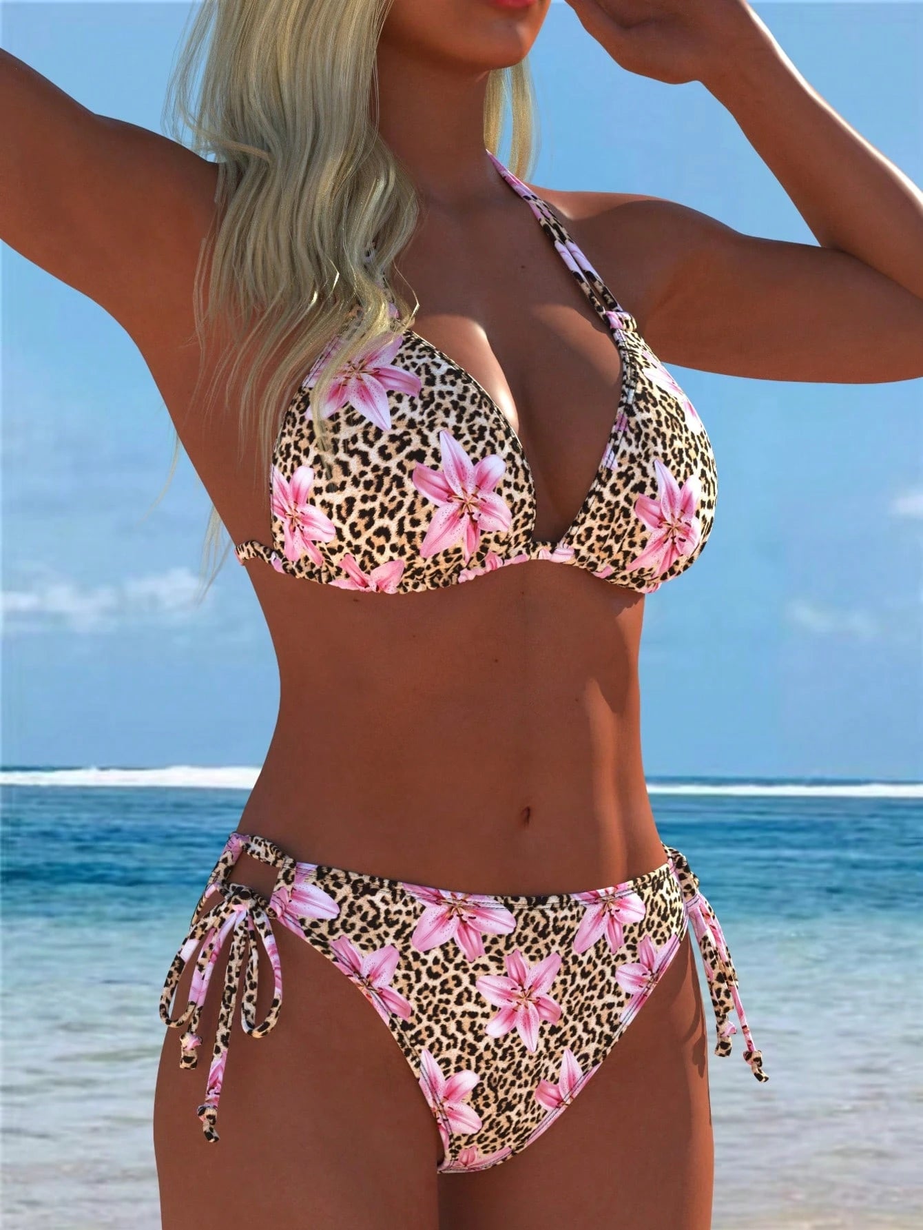 Women's Sexy Casual Halter Leopard Print Bikini Set With Pink Floral Accents Swi