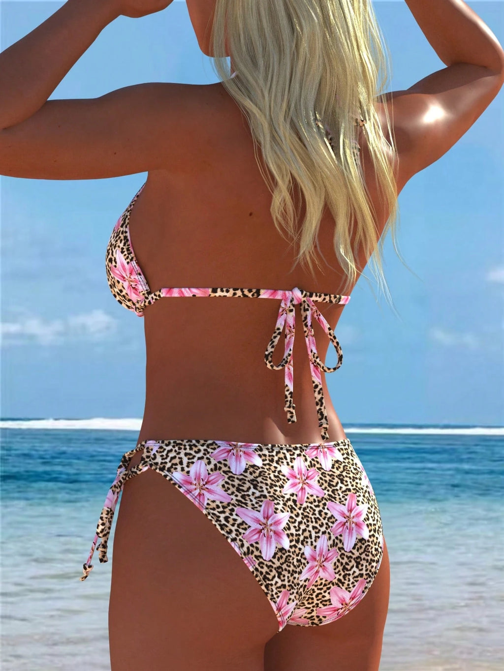 Women's Sexy Casual Halter Leopard Print Bikini Set With Pink Floral Accents Swi
