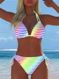 Women's Colorful Halter Bikini Set, Rainbow Striped Swimsuit, Beach