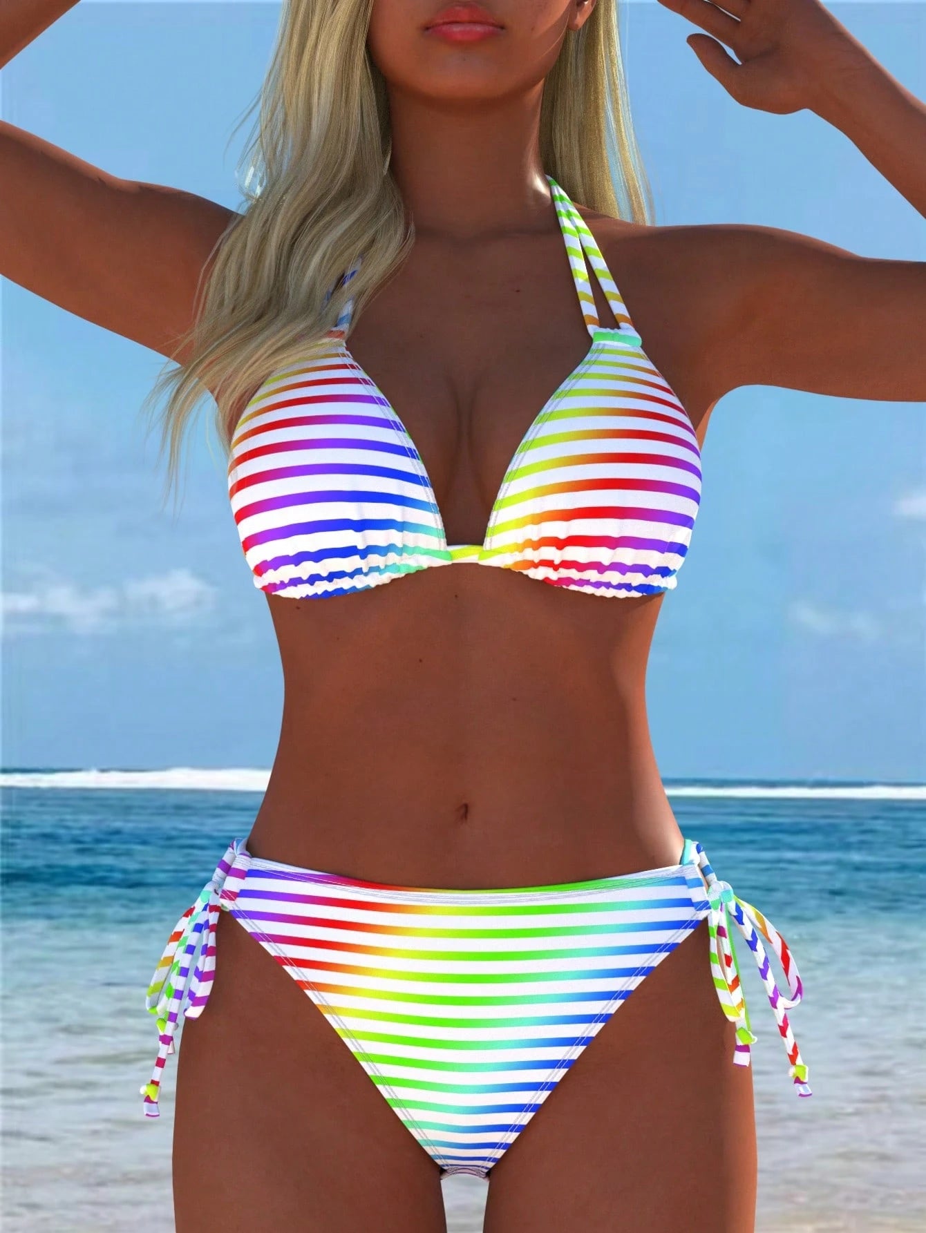Women's Colorful Halter Bikini Set, Rainbow Striped Swimsuit, Beach