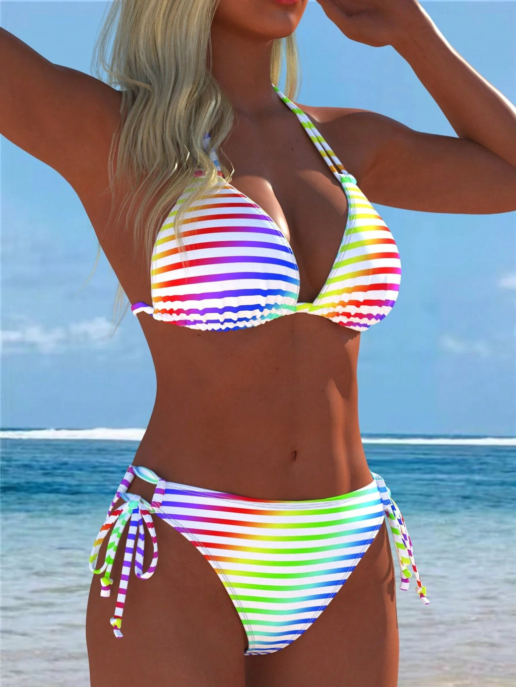 Women's Colorful Halter Bikini Set, Rainbow Striped Swimsuit, Beach