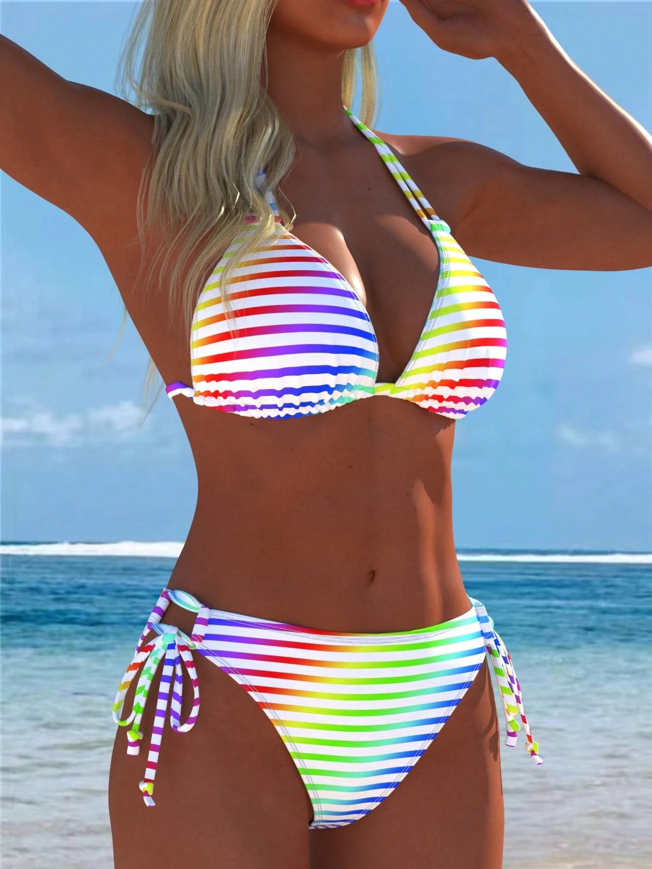 Women's Colorful Halter Bikini Set, Rainbow Striped Swimsuit, Beach