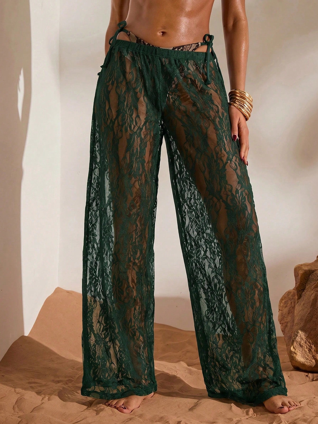 Opulessa Women's Beach Vacation Casual Lace Coverup & Pants Set Cover