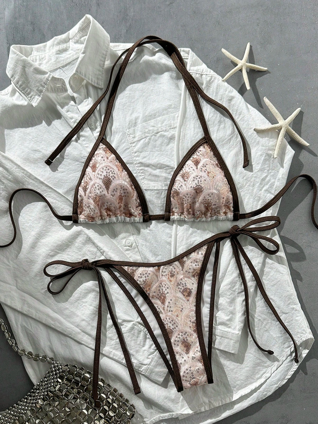Swim Vcay Swim -D 2pcs/Set Brown Sequin Animal Leopard Snake Print