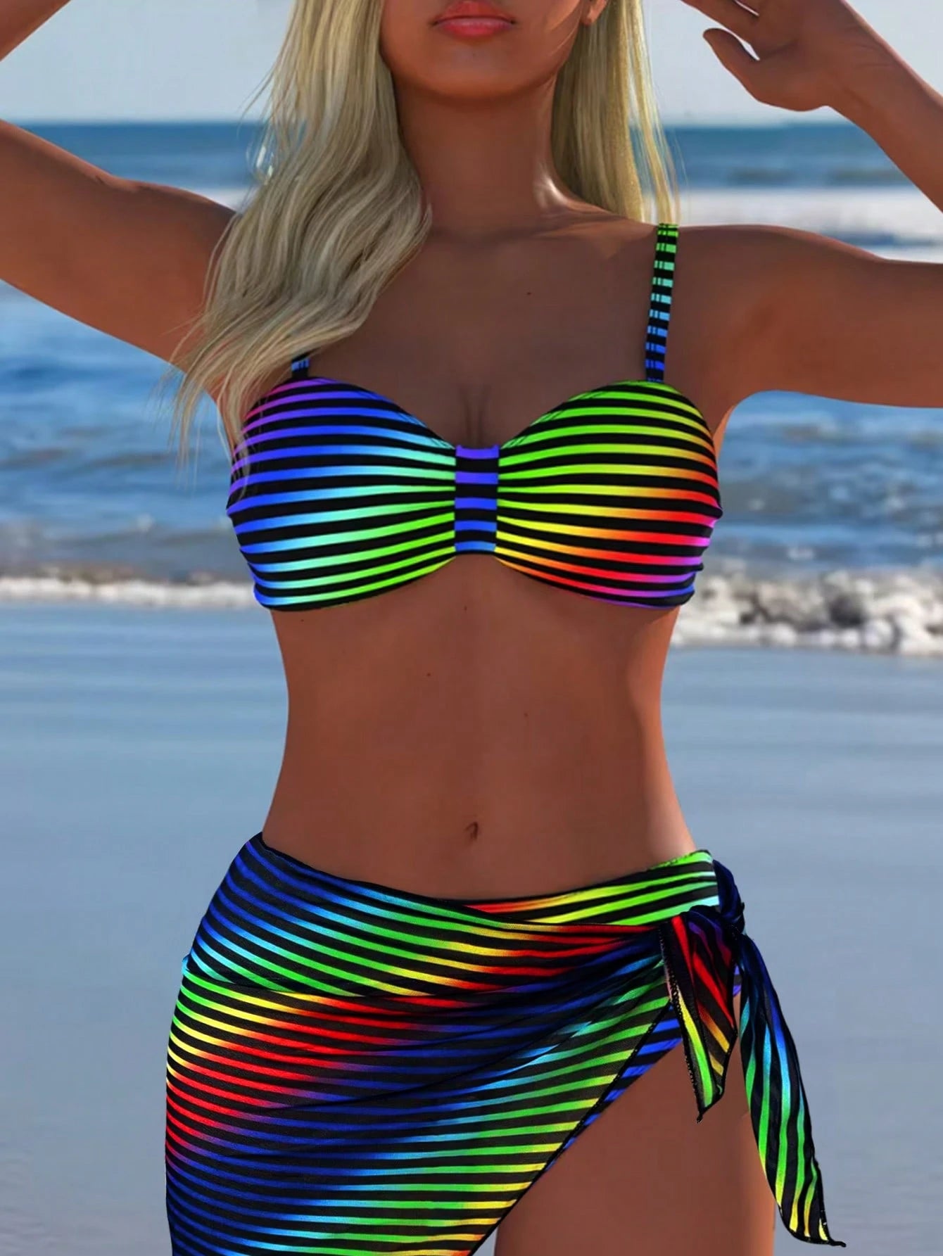 Women's Striped Ombre Rainbow 3 PiecesBikini Set For Beach Vacation