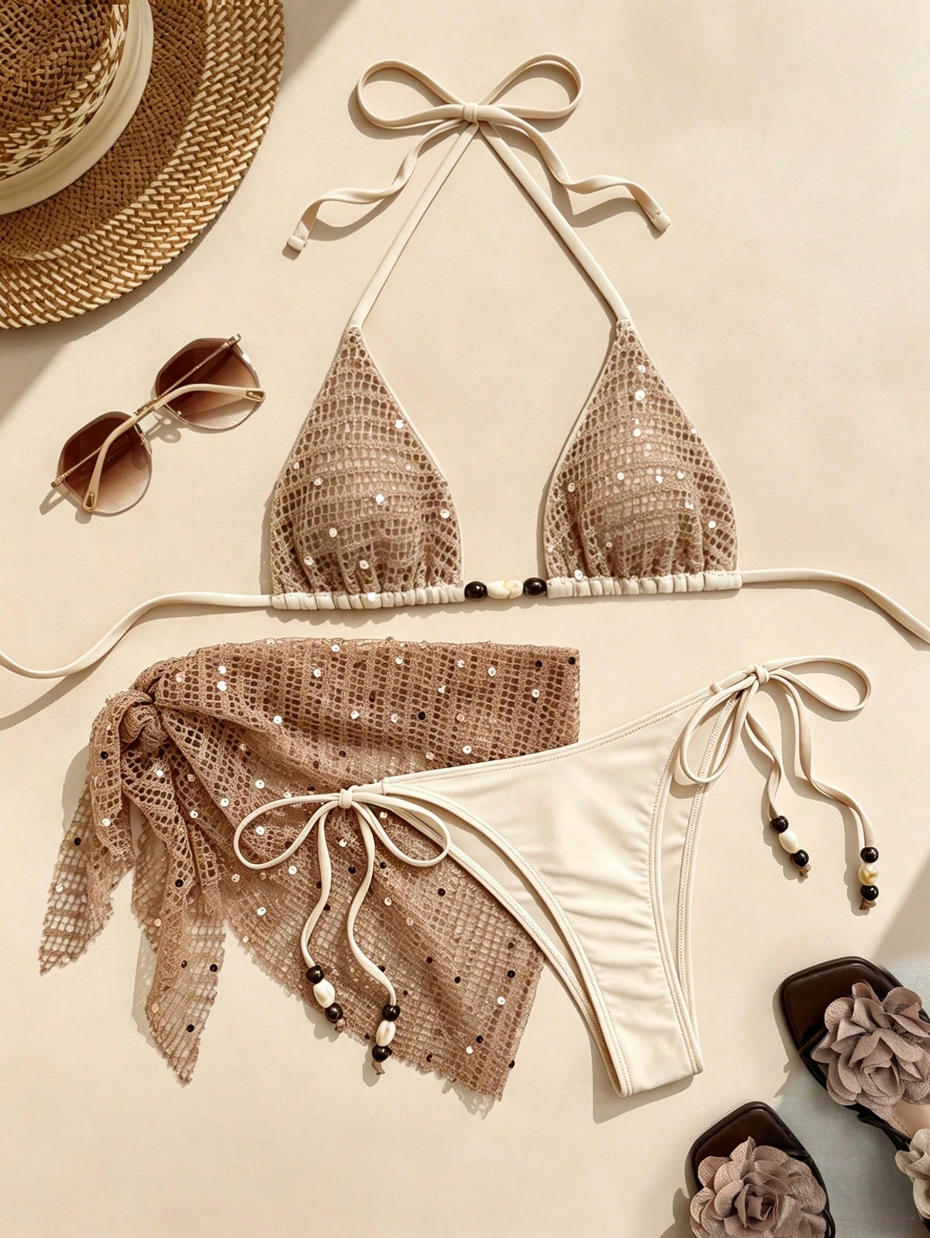 Swim Vcay 3pcs/Set Spaghetti Strap Halter Bikini,Beaded Sequin