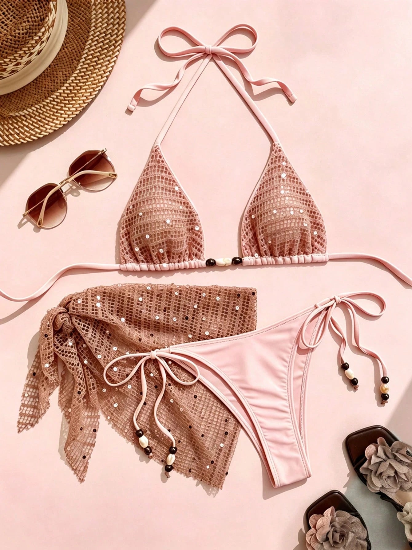 Swim Vcay 3pcs/Set Spaghetti Strap Halter Bikini,Beaded Sequin Fabric,Tie Side Swim Bottoms,Mini Skirt - image 6