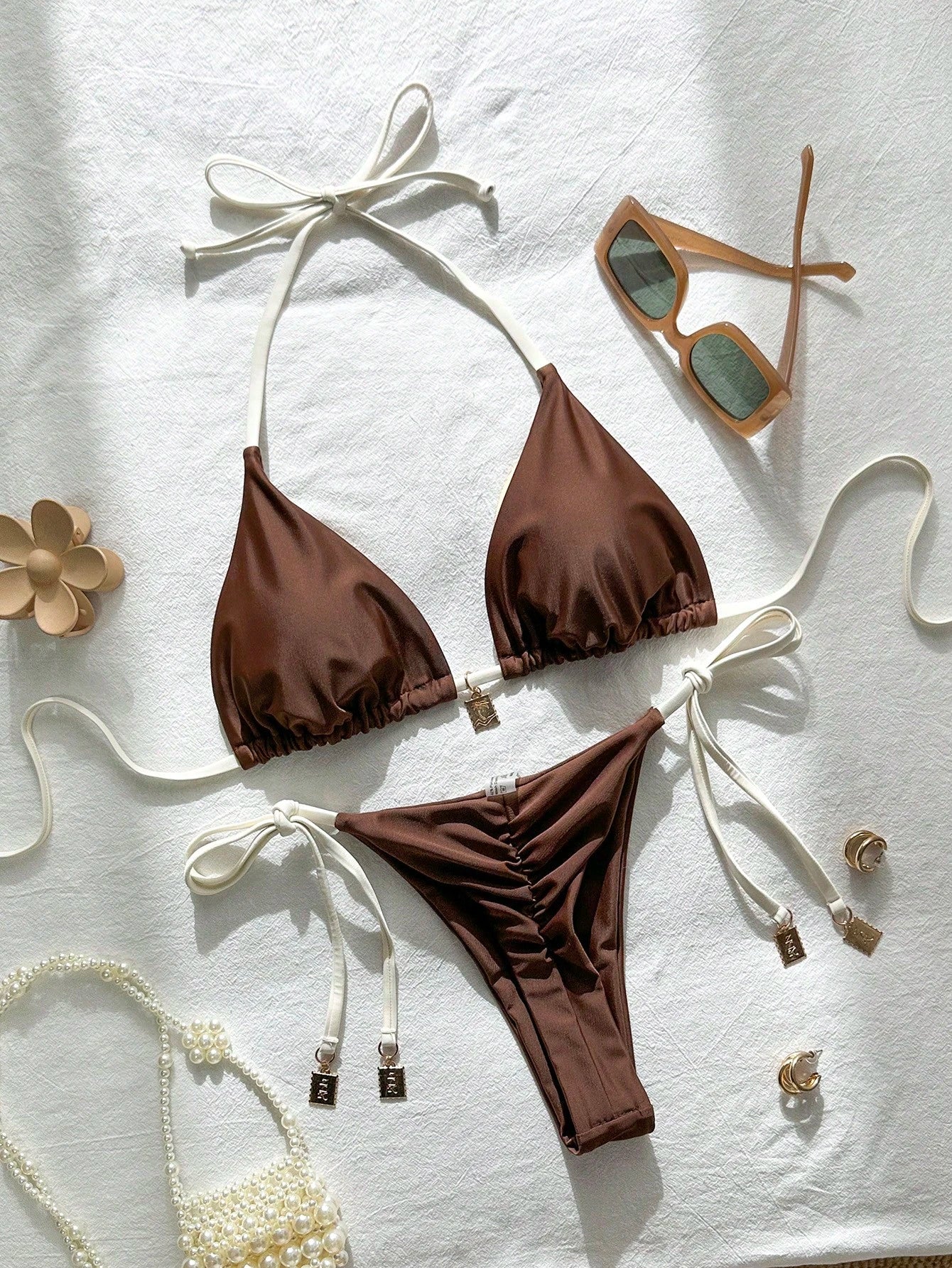 Swim Chiccia Springbreak Women Summer Random Floral Printed Metal Decor Vintage 2pcs Spaghetti Strap Bikini