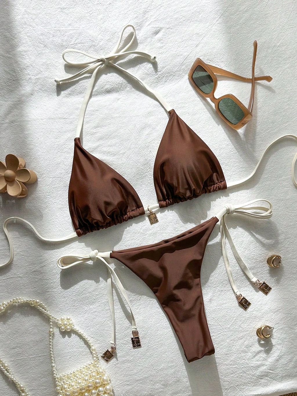 Swim Chiccia Springbreak Women Summer Random Floral Printed Metal Decor Vintage 2pcs Spaghetti Strap Bikini - image 3