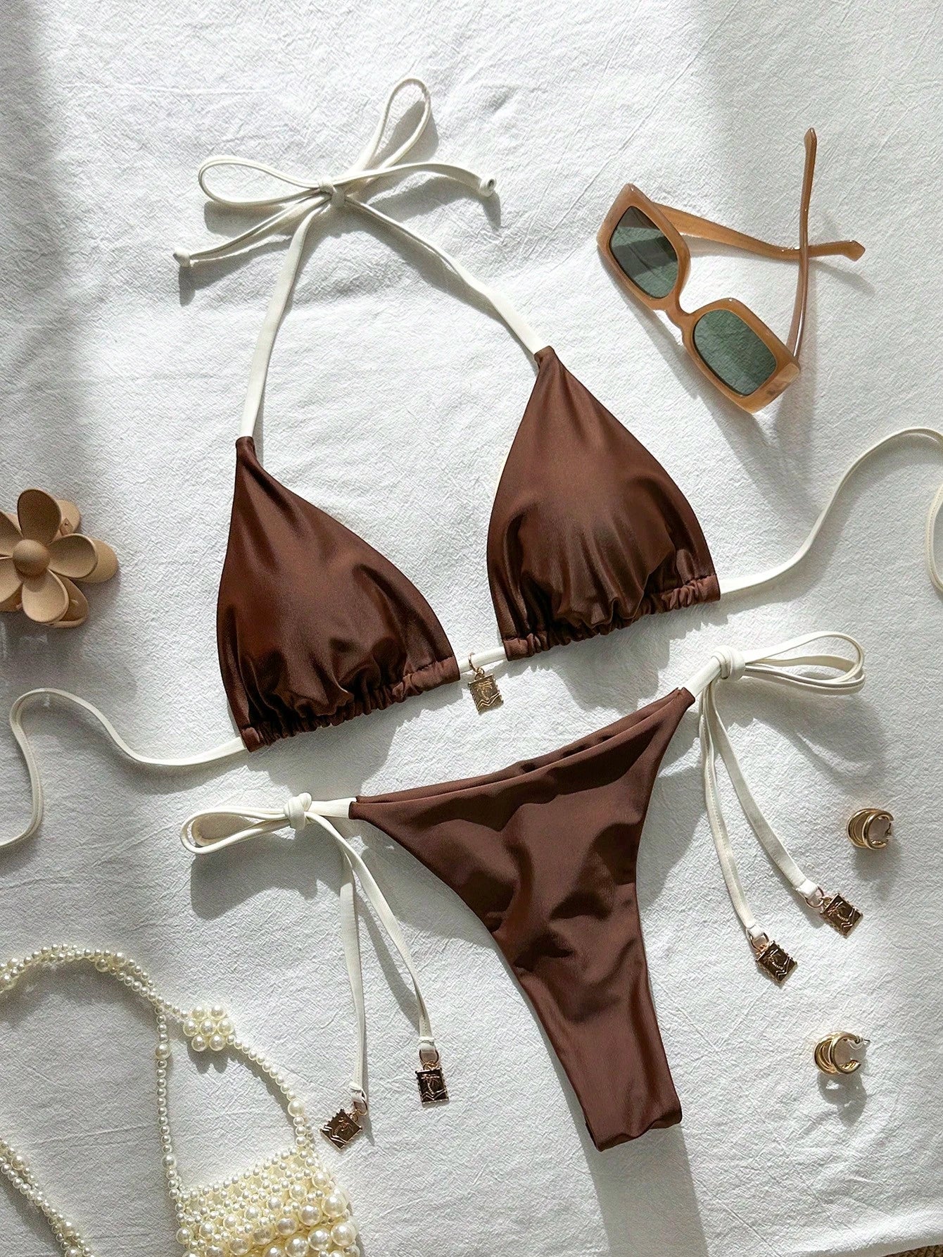 Swim Chiccia Springbreak Women Summer Random Floral Printed Metal Decor Vintage 2pcs Spaghetti Strap Bikini - image 3