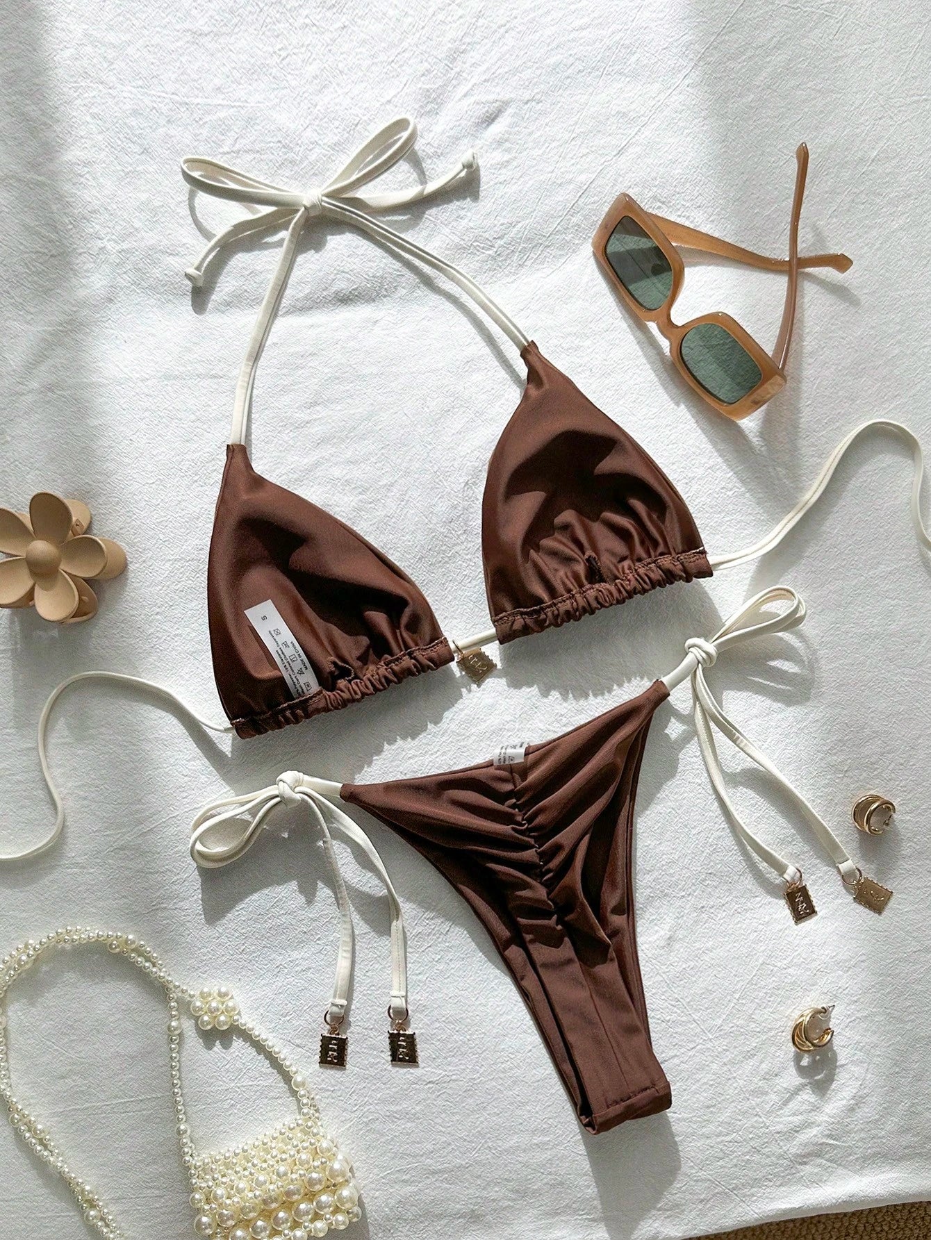 Swim Chiccia Springbreak Women Summer Random Floral Printed Metal Decor Vintage 2pcs Spaghetti Strap Bikini - image 4