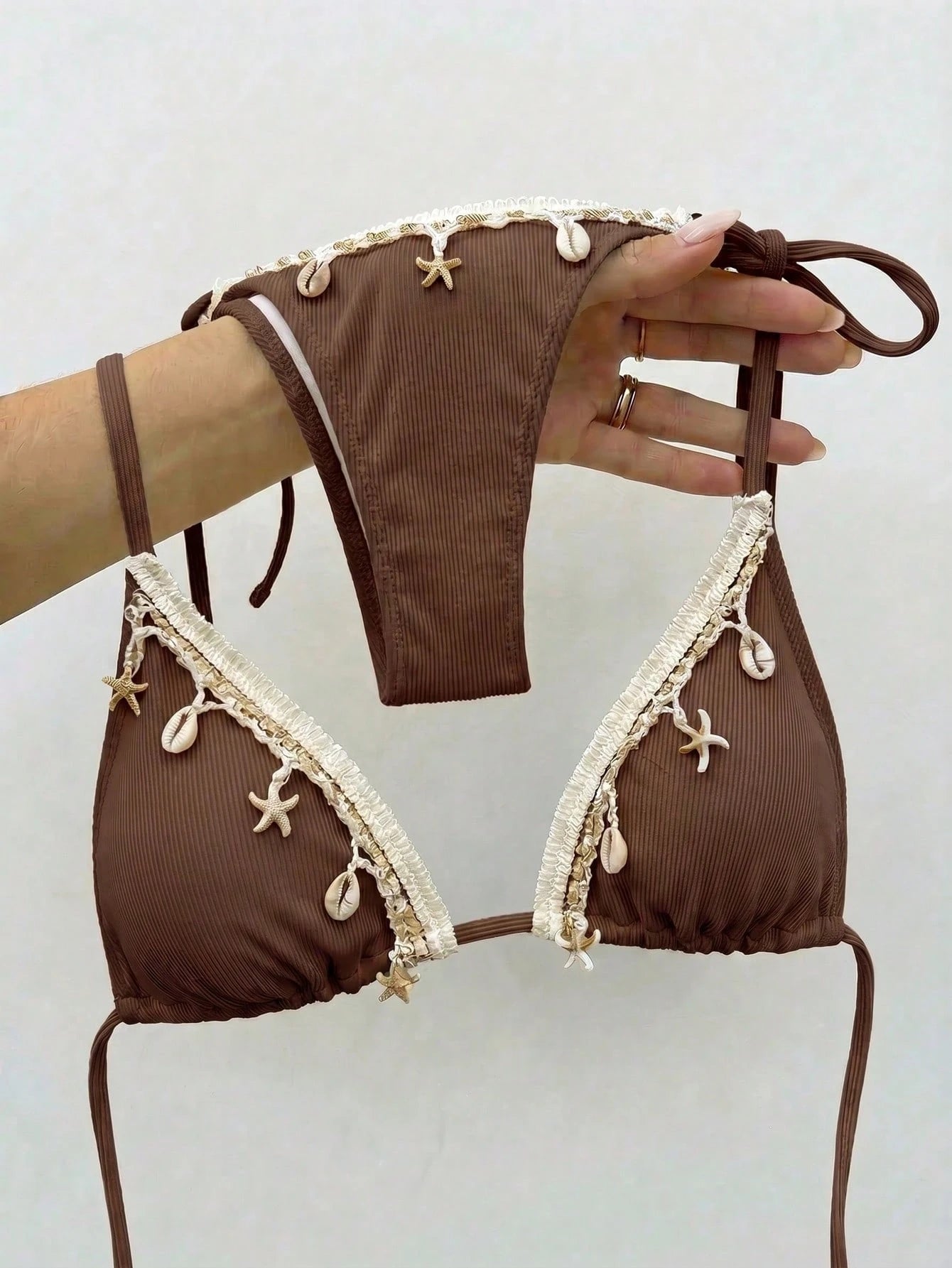 Bikinx Women Solid Color Stitching Ribbon Shell Decoration Triangle